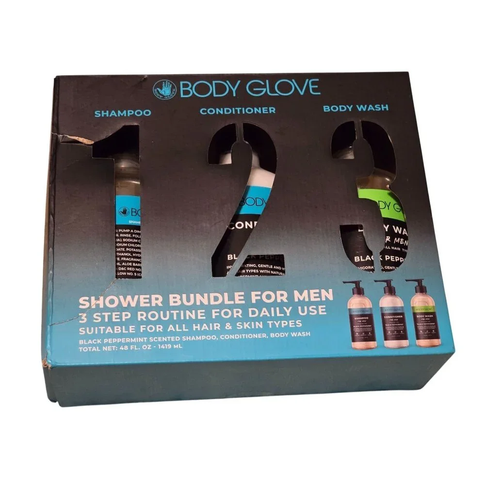 Body Glove Men's Black Peppermint Shampoo Conditioner & Body Wash 3-Step Routine
